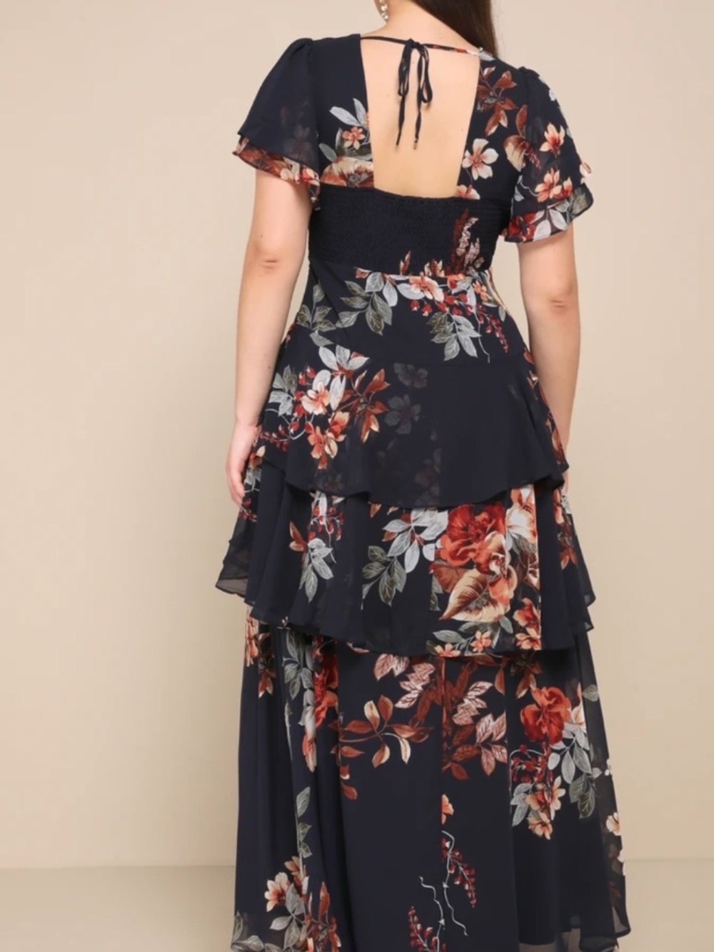 Lulus Midnight Mood Navy Blue Floral Print Tiered Maxi Dress - Size L - Picture 4 of 8